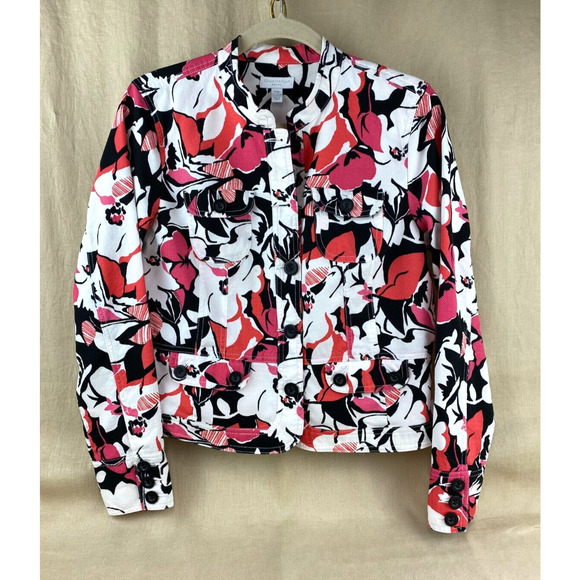 Charter Club Pink Floral Jacket Mandarin Collar Long Sleeve Fitted Size Petite M - Picture 1 of 9